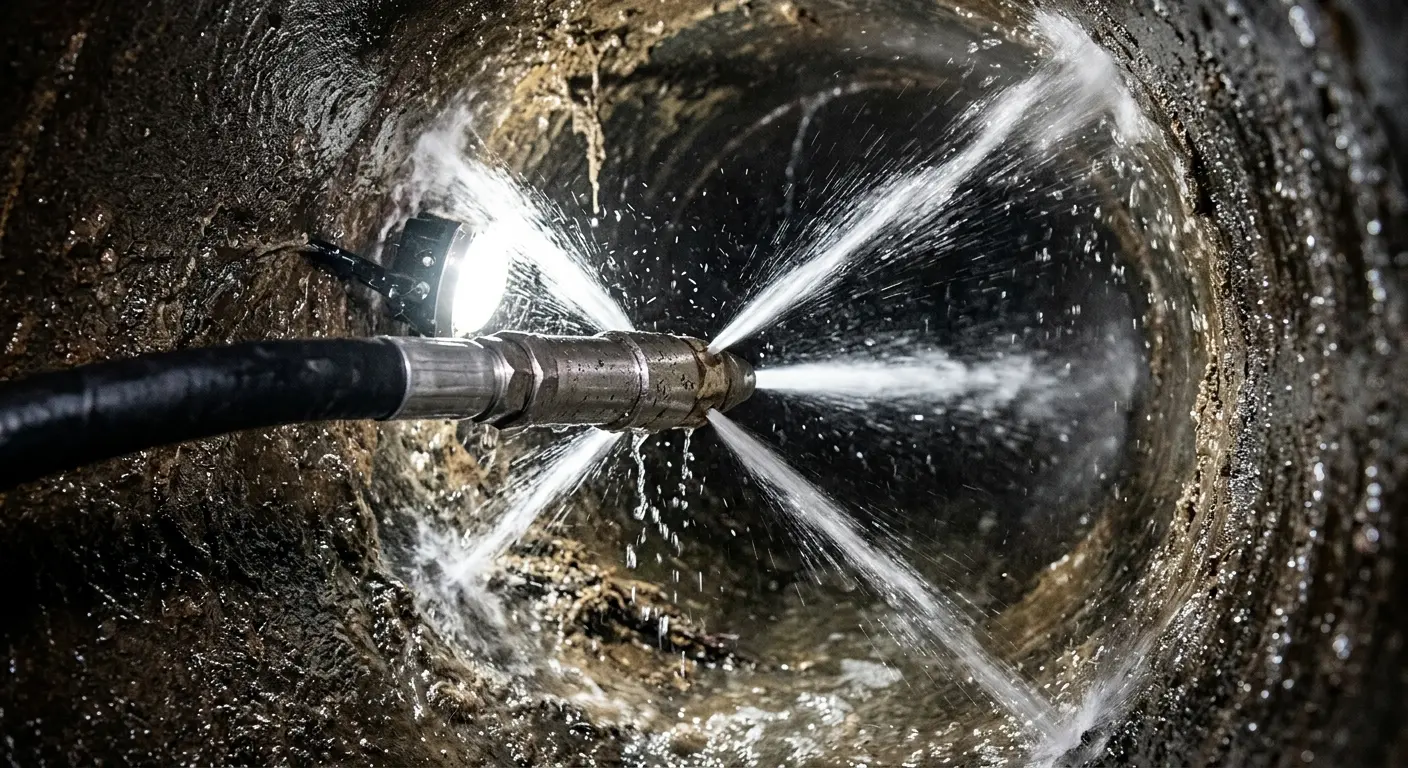 High-pressure hydro jetting nozzle cleaning sewer pipe for Trenchless Sewer Repair in Shady Hills