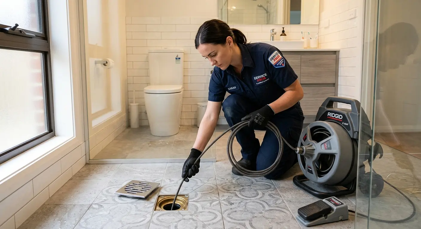 Technician clearing a bathroom floor drain for Drain Repair in Shady Hills